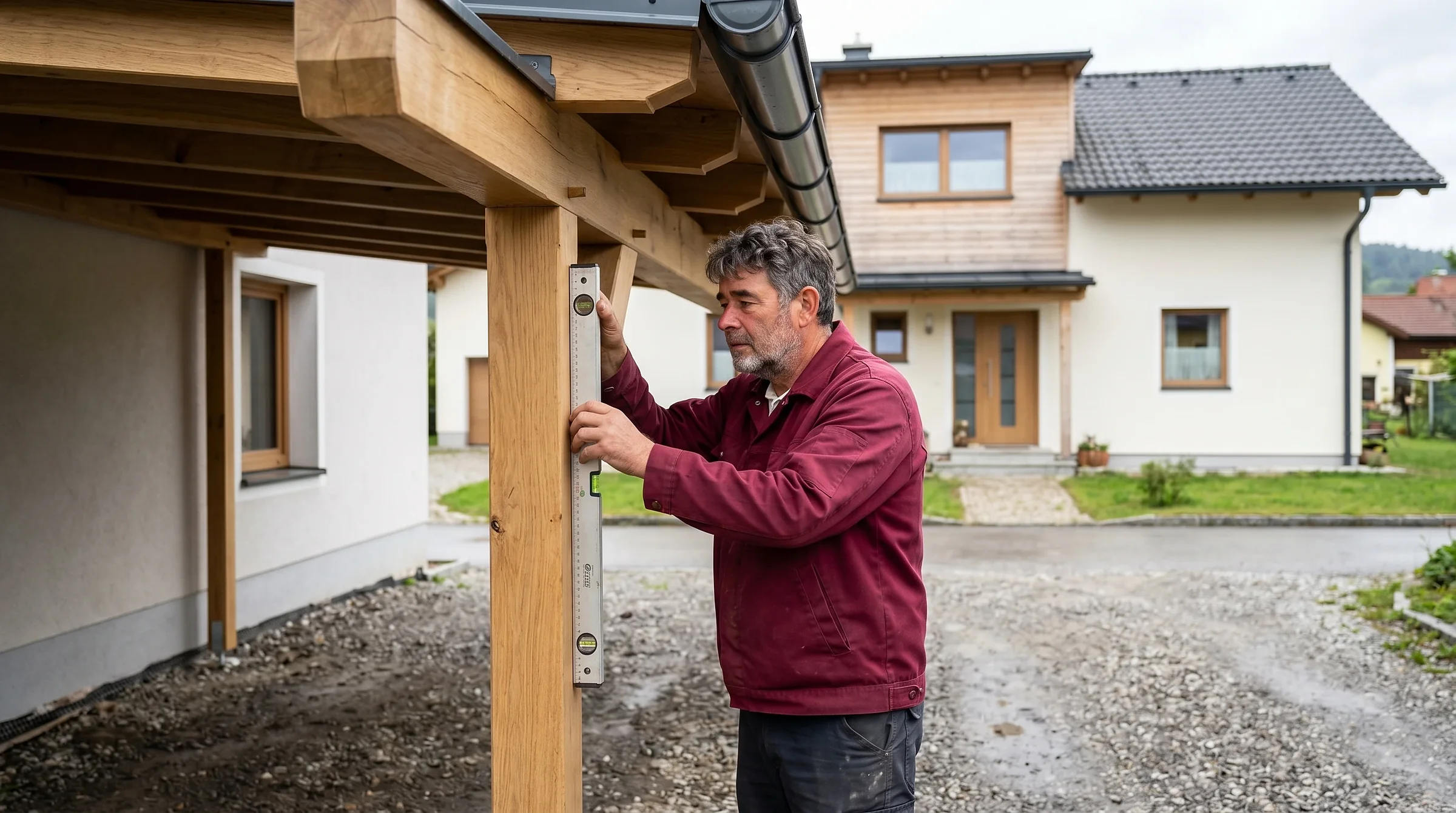 Peter Preissinger prüft mit der Wasserwaage den Anschluss am Haus