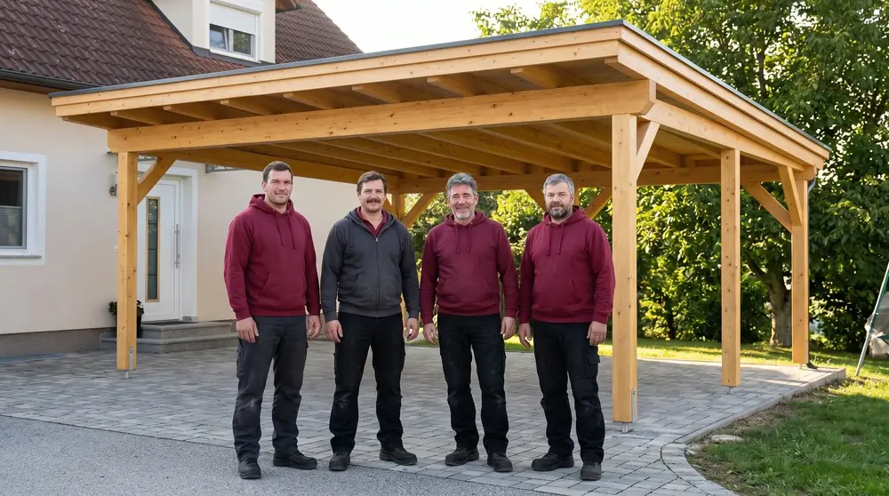 Peter Preissinger und M&P-Team vor einem fertiggestellten Holz-Carport