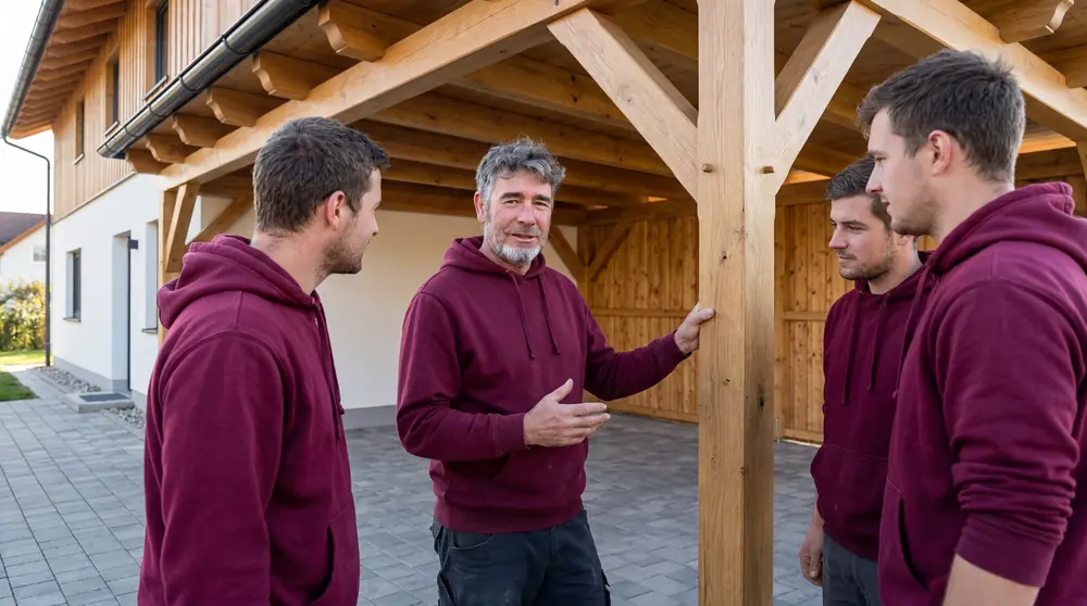 Peter Preissinger erklärt seinem Team Details an einem fertigen Carport