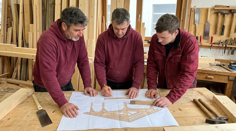 M&P-Team am Plan­tisch in der Werkstatt