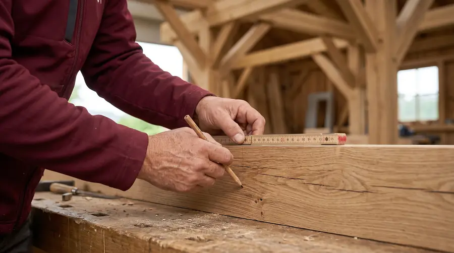 Detailaufnahme: Hand mit Zollstock beim Anzeichnen am Holz