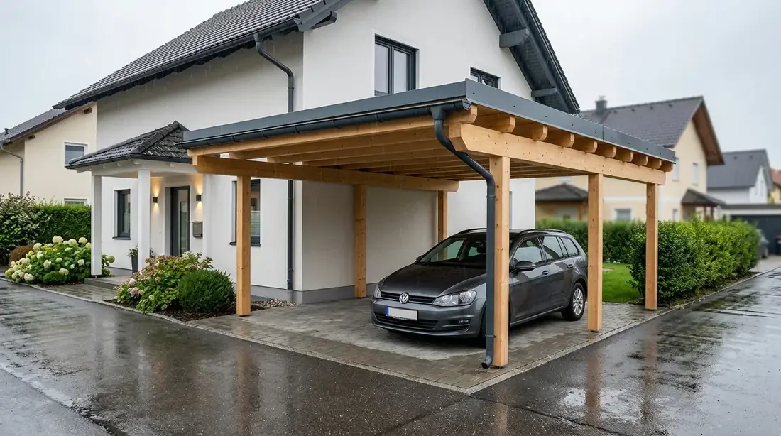 Holz-Carport schützt Auto und Weg zum Eingang bei nasser Einfahrt