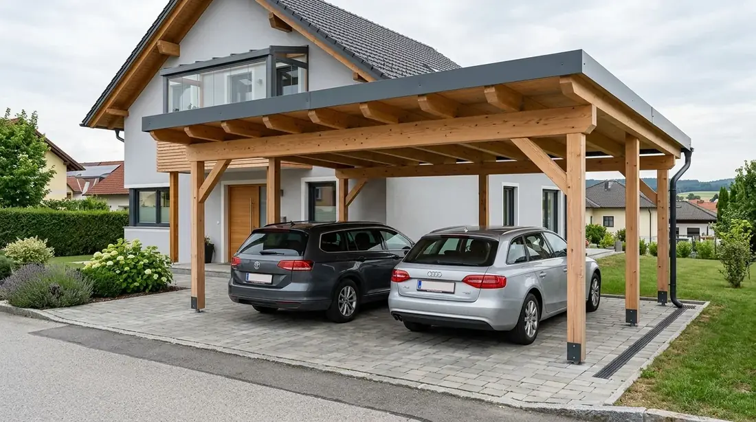 Doppelcarport aus Holz passend an ein modernes Wohnhaus angebunden