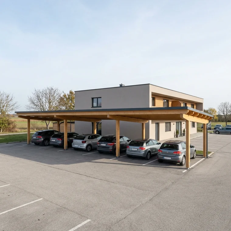 Großer Holz-Carport mit sechs Stellplätzen im Wiener Becken